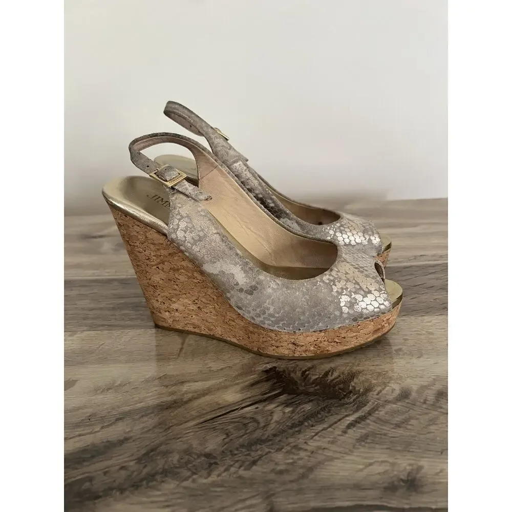 Jimmy Choo Prova Snake Print Silver Metallic Cork Wedges Heels Size 36.5